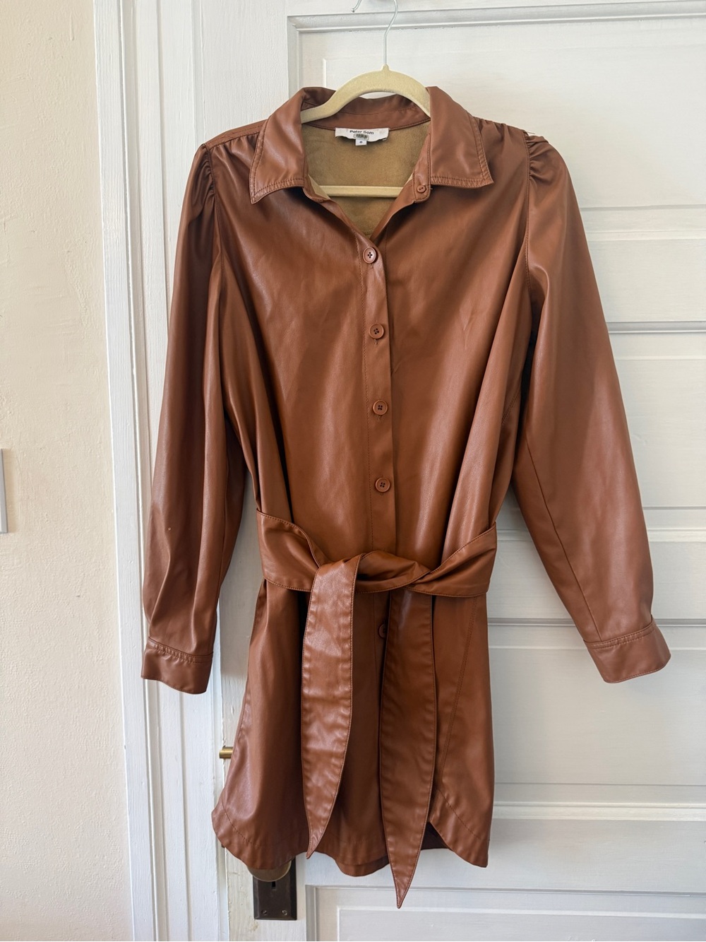 Peter Som Cognac Brown Faux-Leather Shirt Jacket with Tie Belt